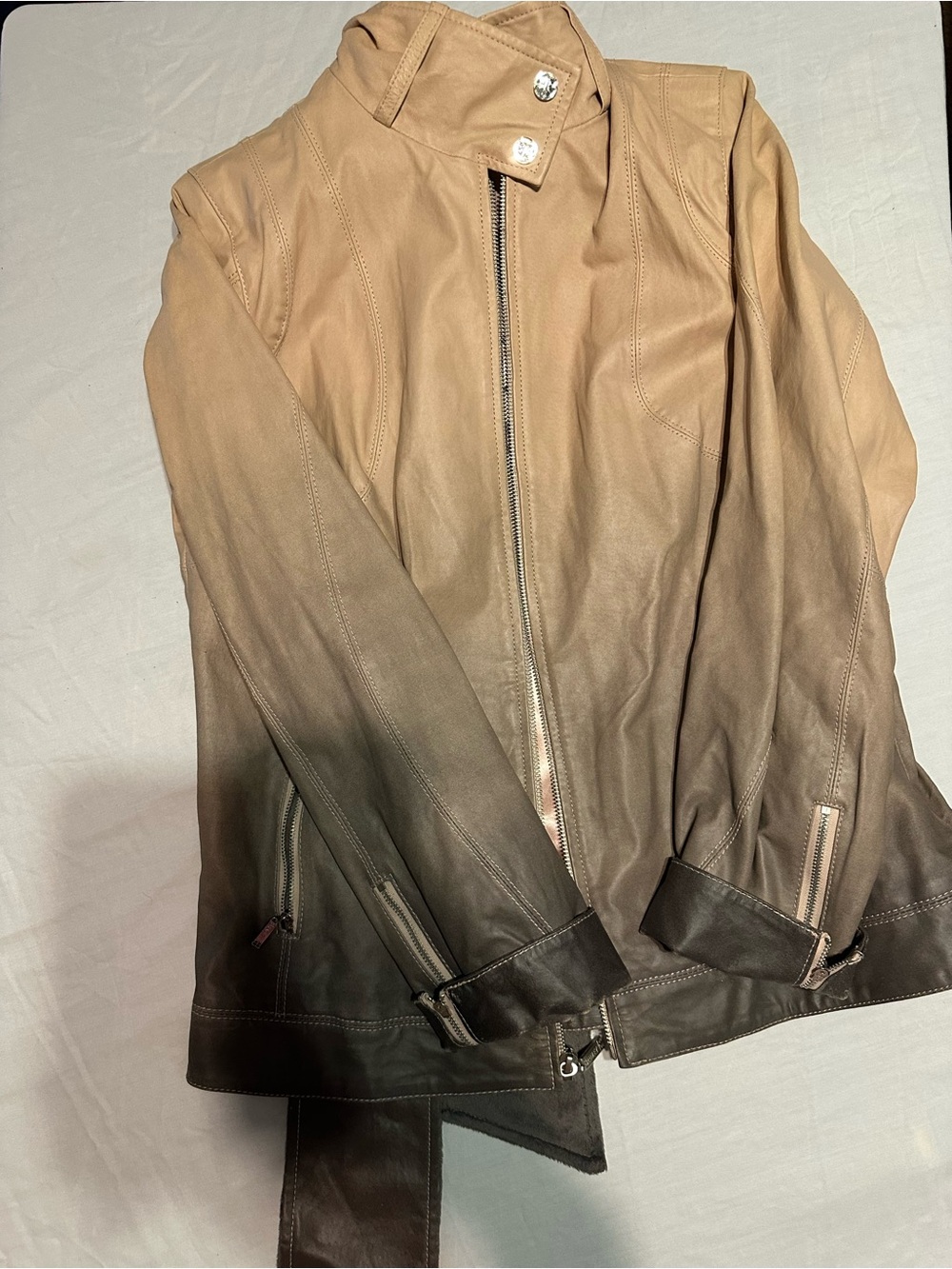 Tan to Dark Brown Ombre Leather Bomber Jacket